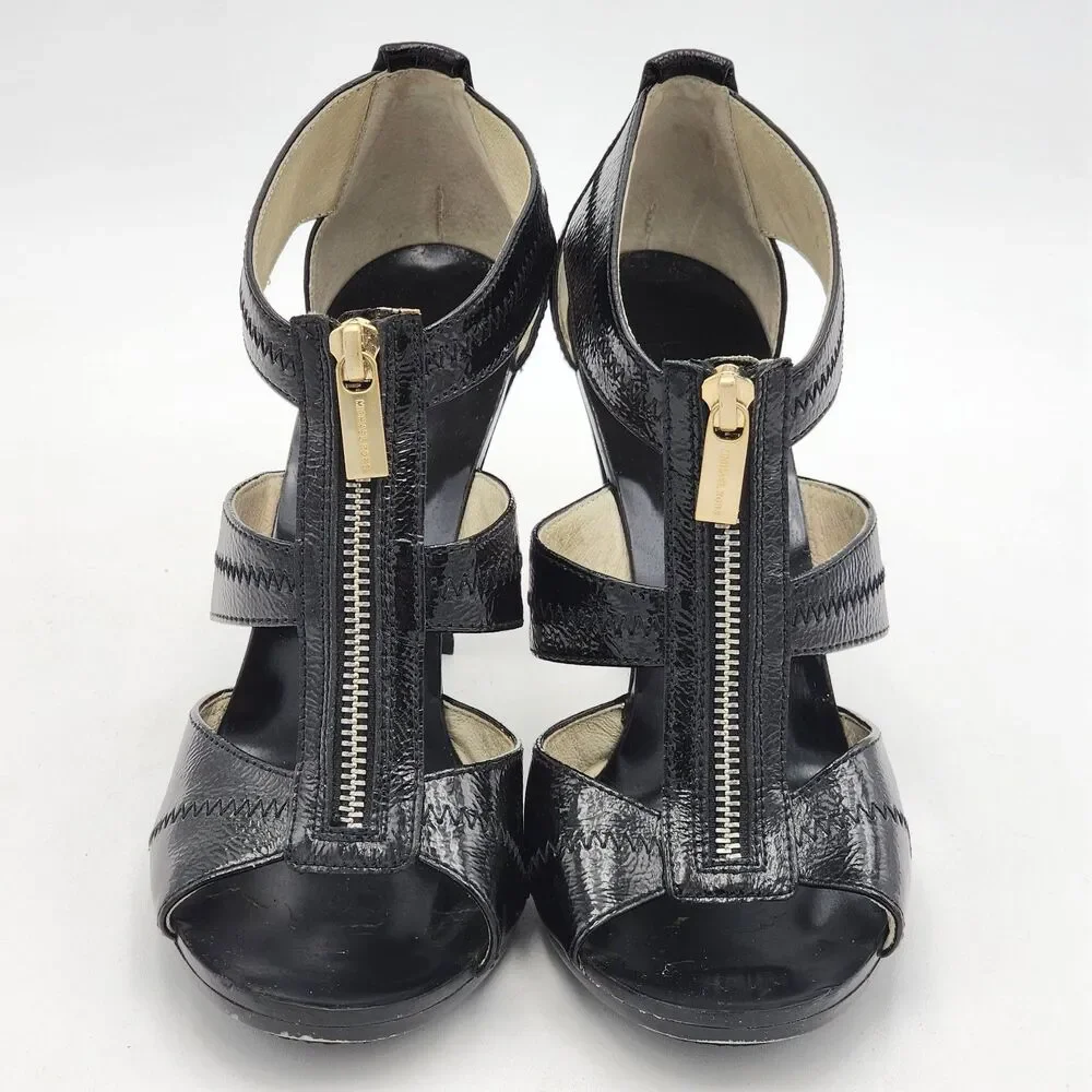 Michael Kors Zipper Patent Leather Strappy Peep Toe Heels Black Gold Size 8.5